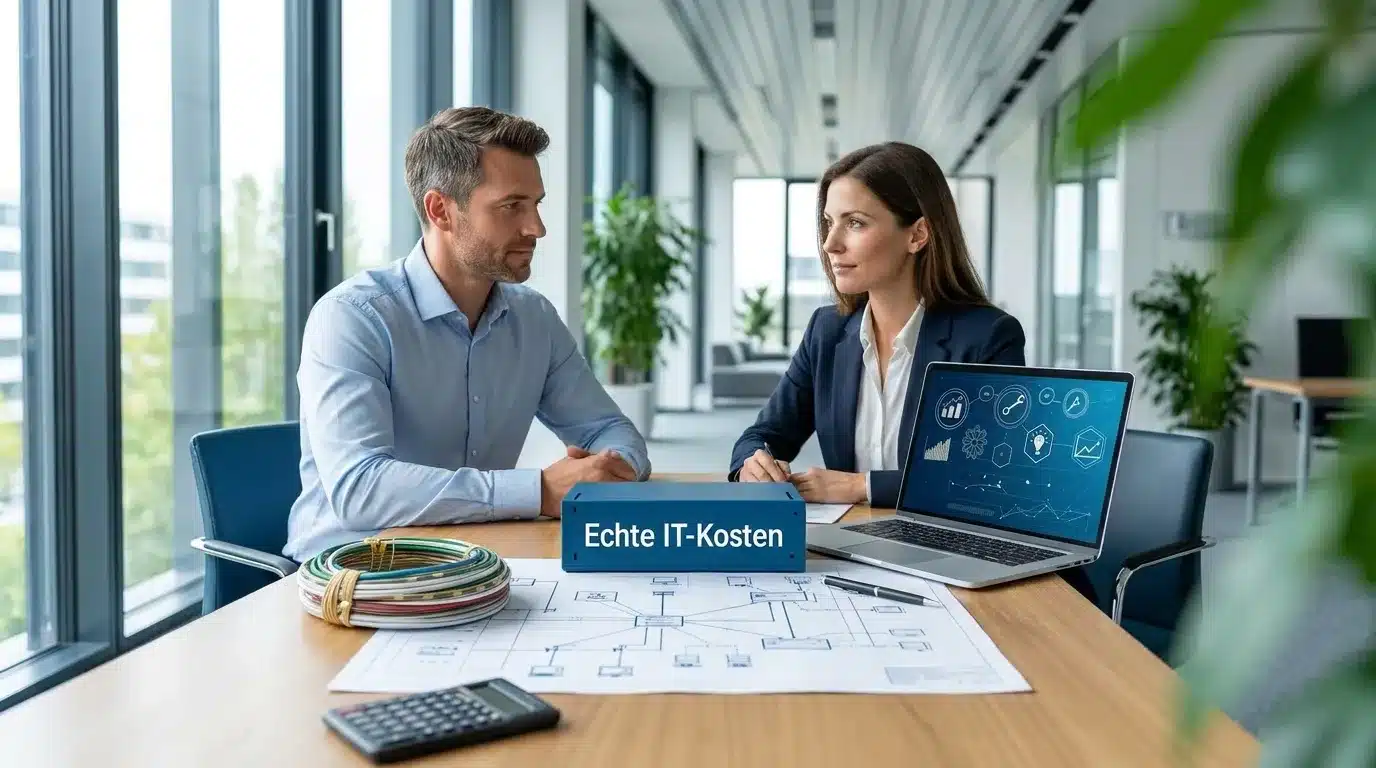 IT-Beratung in einem mittelständischen Unternehmen in Niedersachsen, zwei Personen sitzen an einem Besprechungstisch mit Laptop und Netzwerkplan, freundliche Büroatmosphäre, natürliche Beleuchtung, realistische Texturen, moderner Arbeitsplatz, no text