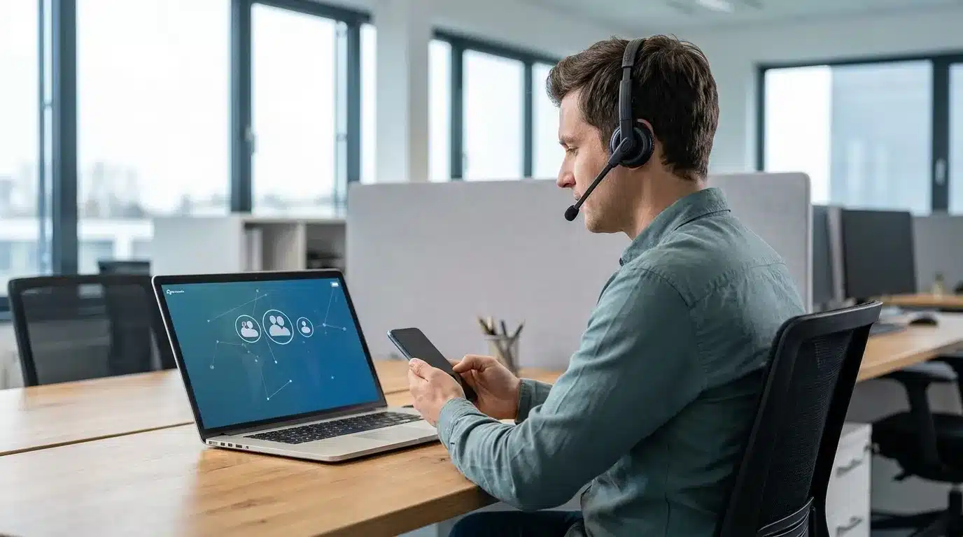Mitarbeiter eines mittelständischen Unternehmens nutzt Smartphone und Laptop für cloudbasierte Telefonie im hellen Büro, natürliche Arbeitsatmosphäre, kein Text
