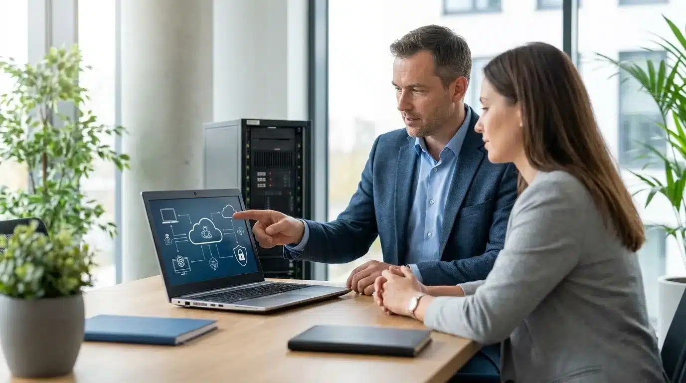 Ein IT-Berater bespricht mit einem kleinen Unternehmen moderne IT-Strategien, Support-Prozesse, Cloud und Sicherheit in einem hellen Büro, fotorealistische Szene mit natürlicher Beleuchtung und realistischen Texturen, kein Text im Bild