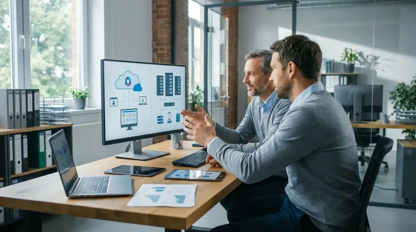 Modernes KMU-Büro in Niedersachsen mit Geschäftsführung und IT-Verantwortlichem, die gemeinsam auf einem Bildschirm Microsoft-365- und lokale Server-Optionen vergleichen, freundliche Arbeitsatmosphäre, natürliche Beleuchtung, realistische Texturen, fotorealistische Fotografie, kein Text im Bild