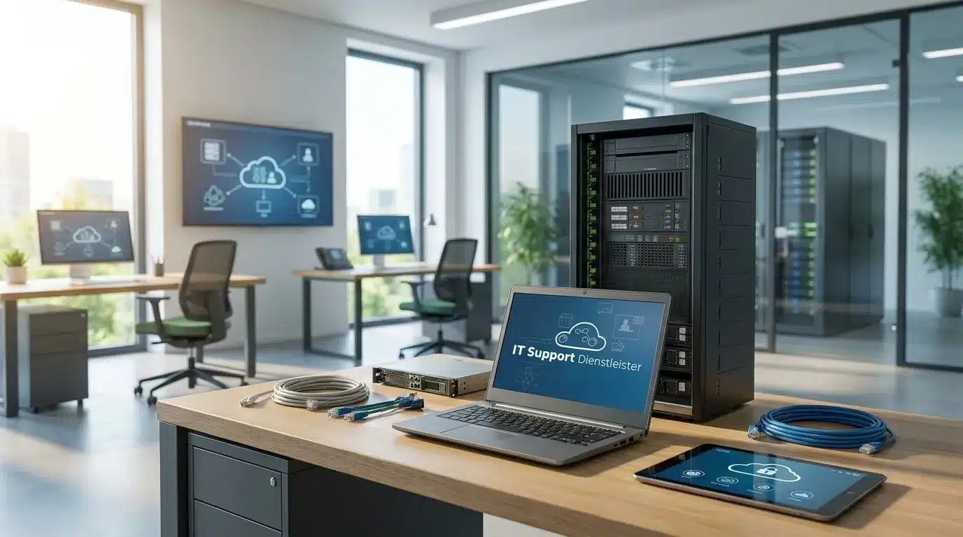 Vergleich moderner IT-Arbeitsplätze in einem mittelständischen Unternehmen mit Fokus auf Support, Cloud und Sicherheit, freundliches Büro, natürliche Beleuchtung, realistische Texturen, fotorealistische Darstellung, kein Text im Bild