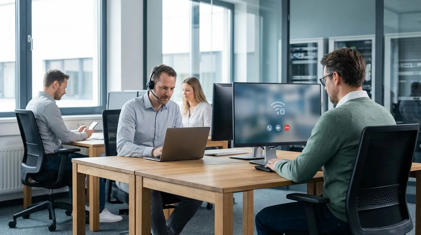 Mitarbeitende nutzen Cloud-Telefonie im modernen Büro