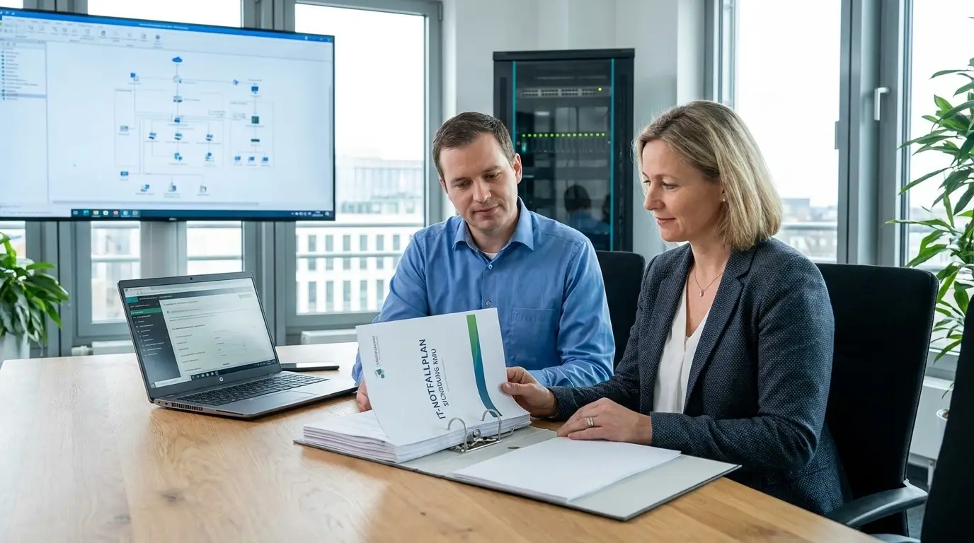 IT-Verantwortlicher und Geschäftsführerin prüfen gemeinsam einen gedruckten Notfallplan in einem modernen Büro, Laptops, Netzwerkdiagramme auf Bildschirmen, natürliche Lichtsituation, ruhige professionelle Atmosphäre, realistische Texturen, no text