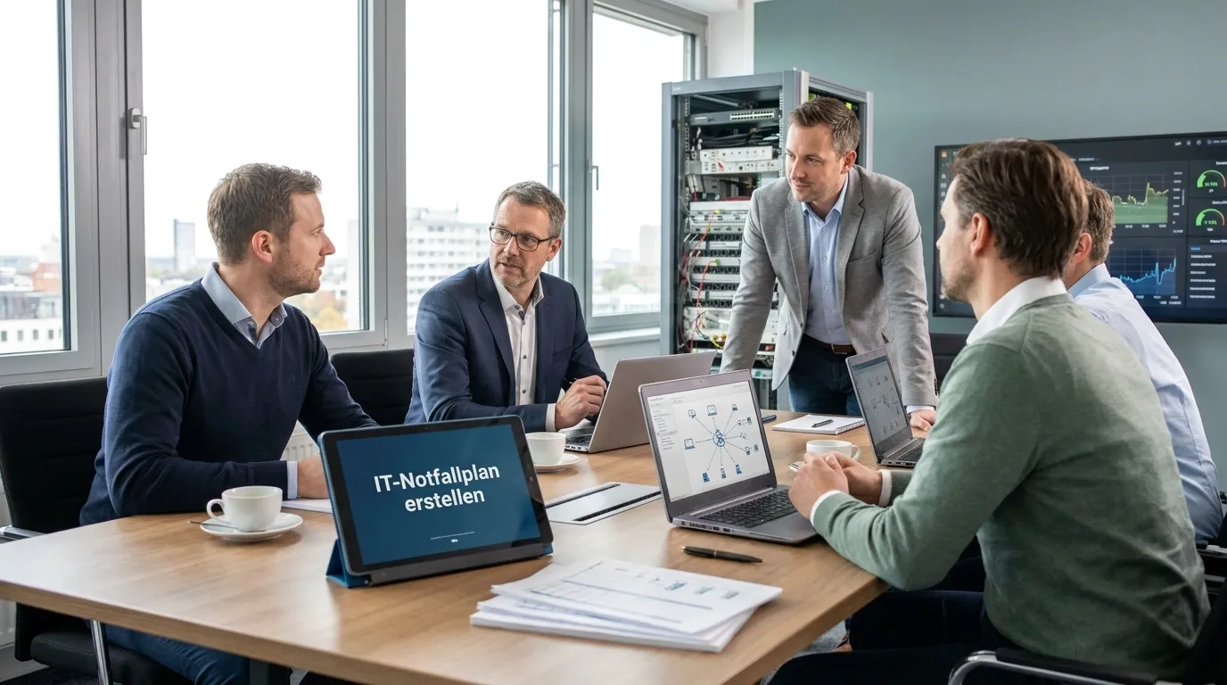 IT-Notfallteam in einem mittelständischen Büro bei der Planung eines Wiederanlaufplans, Laptops, Ausdrucke, ruhige konzentrierte Stimmung, natürliches Tageslicht, realistische Texturen, no text