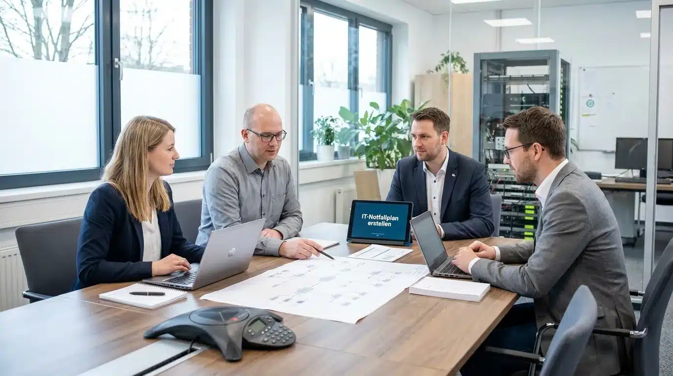 IT-Notfallteam in einem kleinen Unternehmen bei der Planung eines Wiederanlaufs, Laptops, Ausdrucke, ruhige konzentrierte Atmosphäre, modernes Büro in Norddeutschland, natürliches Licht, realistische Texturen, no text