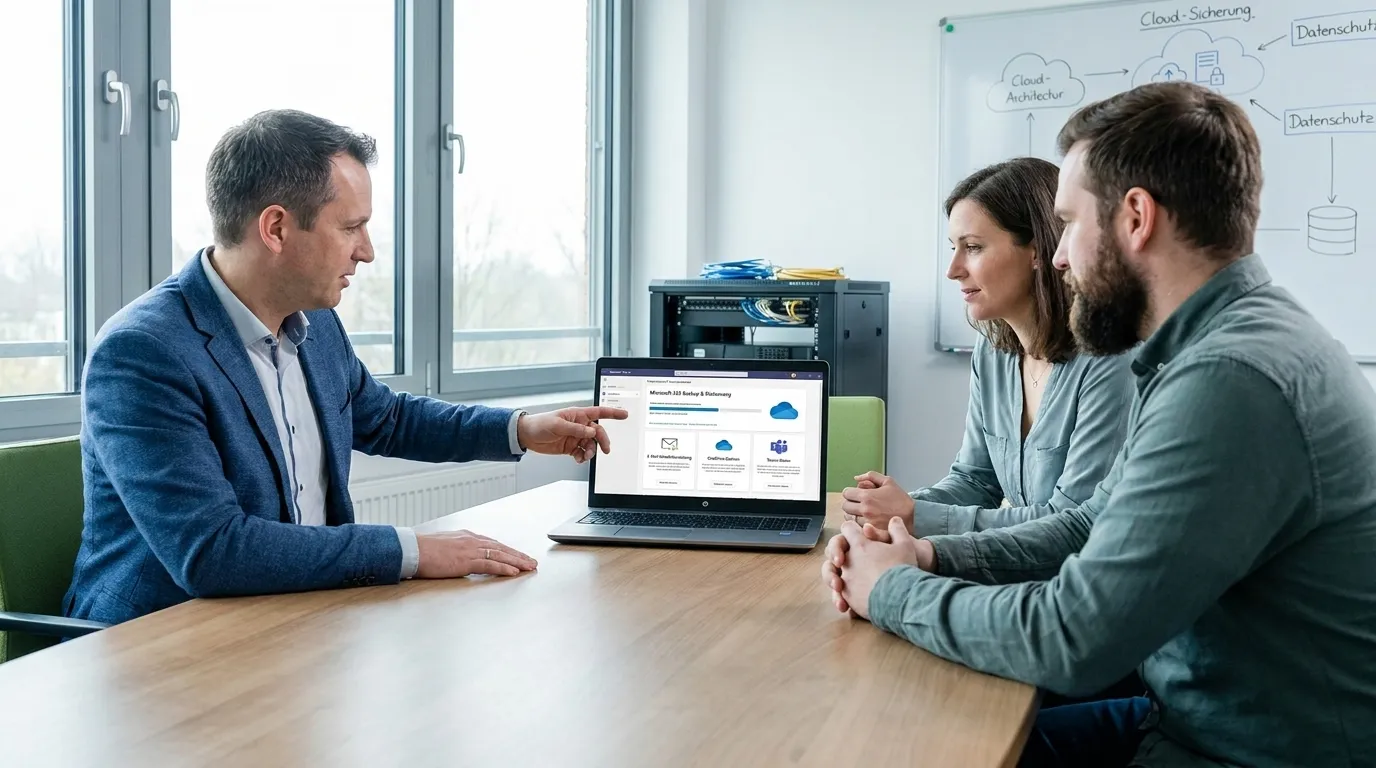 IT-Verantwortlicher prüft Microsoft-365-Datensicherung im Büro