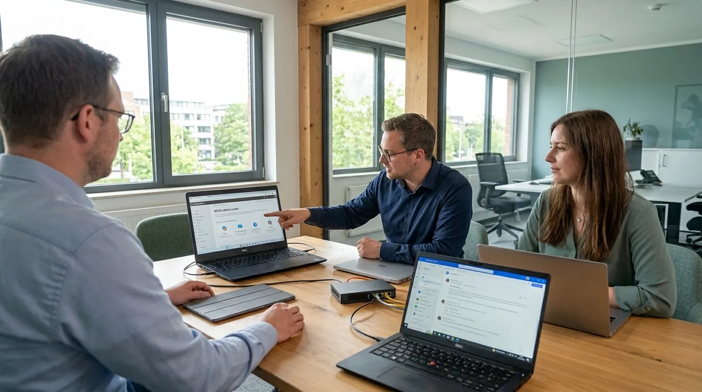 IT-Verantwortlicher prüft Microsoft-365-Lizenzen und Copilot-Einführung im Besprechungsraum