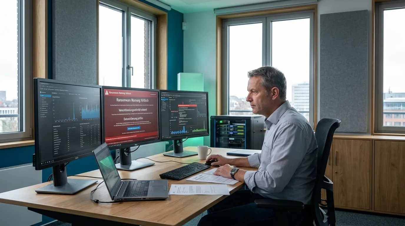 IT-Sicherheitsverantwortlicher in einem mittelständischen Büro prüft Ransomware-Warnungen auf mehreren Bildschirmen, modernes norddeutsches Büro, natürliches Tageslicht, realistische Texturen, ruhige aber gespannte Arbeitsatmosphäre, no text