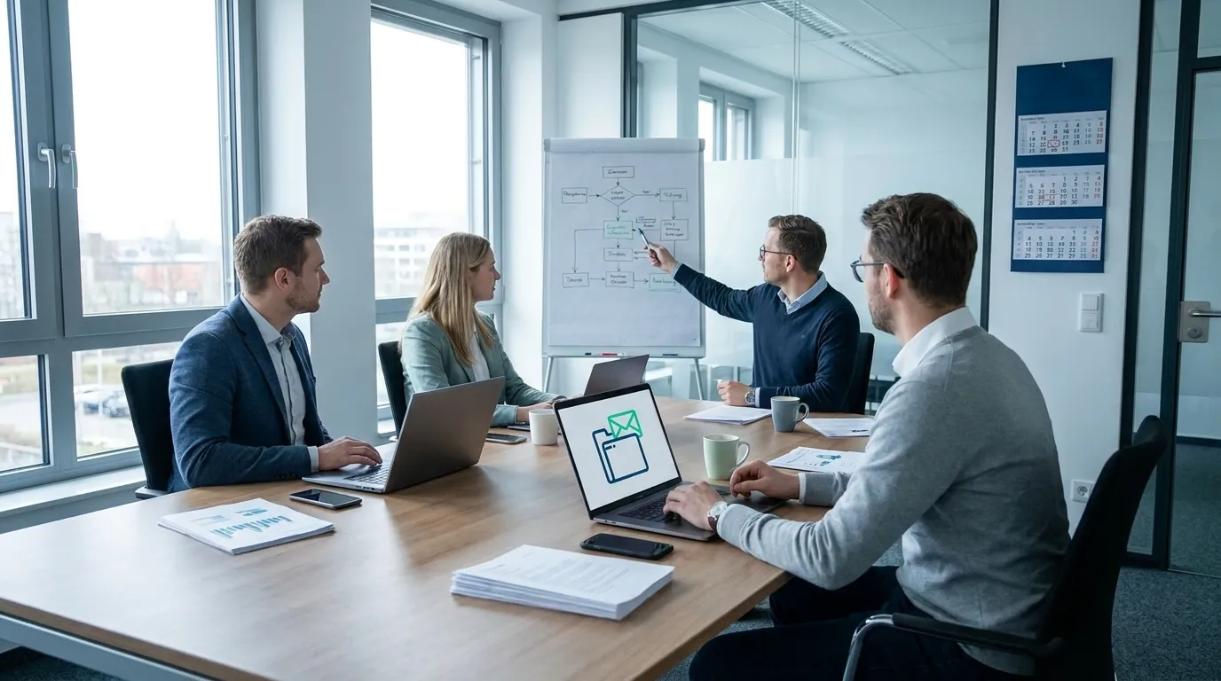 Kleines Unternehmen bespricht einen Notfallablauf an einem Besprechungstisch mit Laptops, Papierlisten und Telefonen, norddeutsches Büro, natürliche Beleuchtung, ruhige konzentrierte Stimmung, realistische Texturen, no text