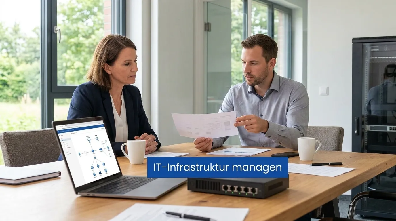 IT-Berater bespricht Sicherheitsrisiken mit KMU-Geschäftsführerin in einem modernen Büro, zwei Personen am Tisch, Laptop mit abstrakten Diagrammen ohne lesbaren Text, natürliche Beleuchtung, norddeutsche sachliche Stimmung, no text