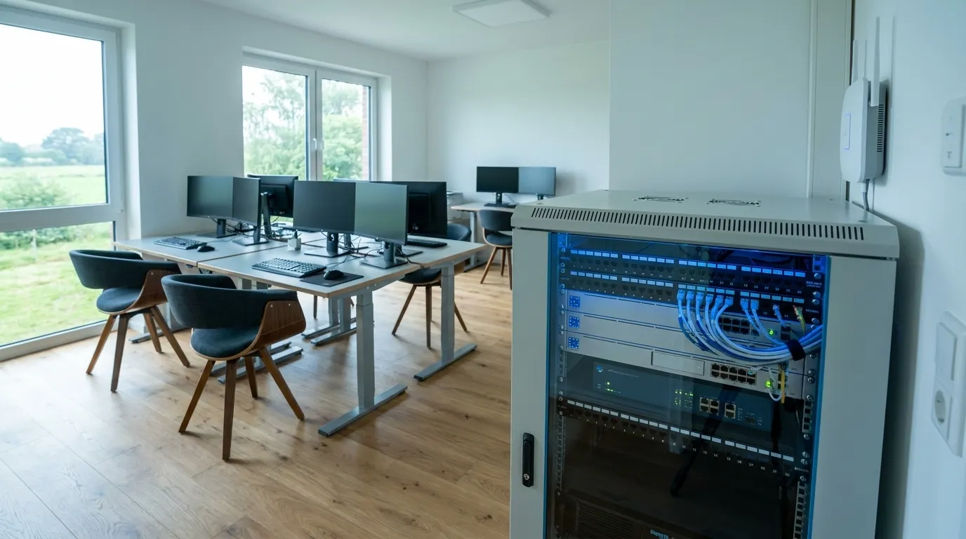Übersicht über ein sicheres Unternehmensnetzwerk mit getrennten Bereichen für Büro, Serverraum, WLAN und Homeoffice, modernes norddeutsches Büro, natürliche Beleuchtung, realistische Hardware, kein Text