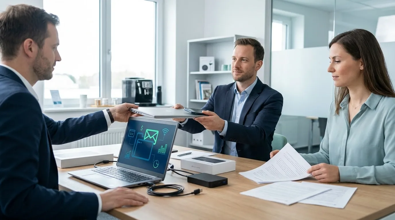 IT-Onboarding mit Laptop, Benutzerkonto und Geräteübergabe im Büro