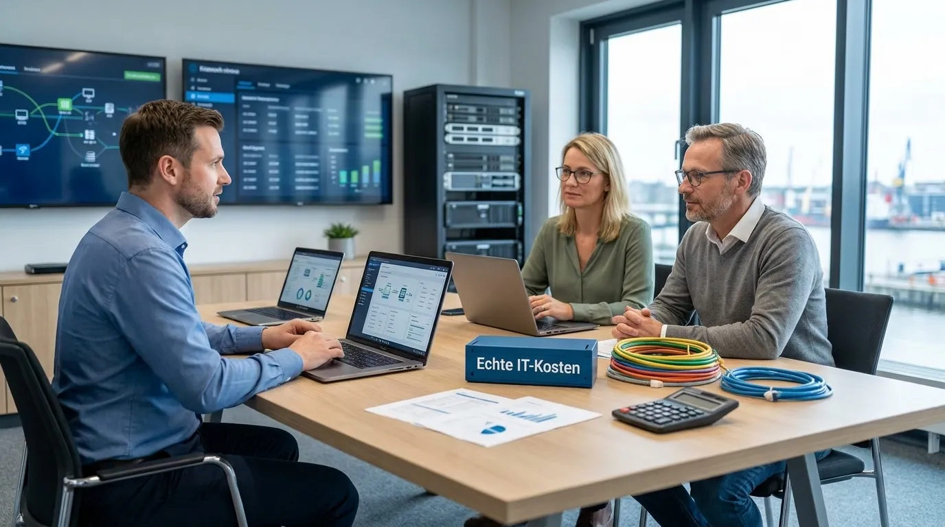 IT-Betreuung für ein mittelständisches Unternehmen in Ostfriesland, modernes Büro mit Besprechung zwischen Geschäftsführer und IT-Dienstleister, Laptops, Netzwerkkomponenten, natürliches Licht, realistische Texturen, fotorealistisch